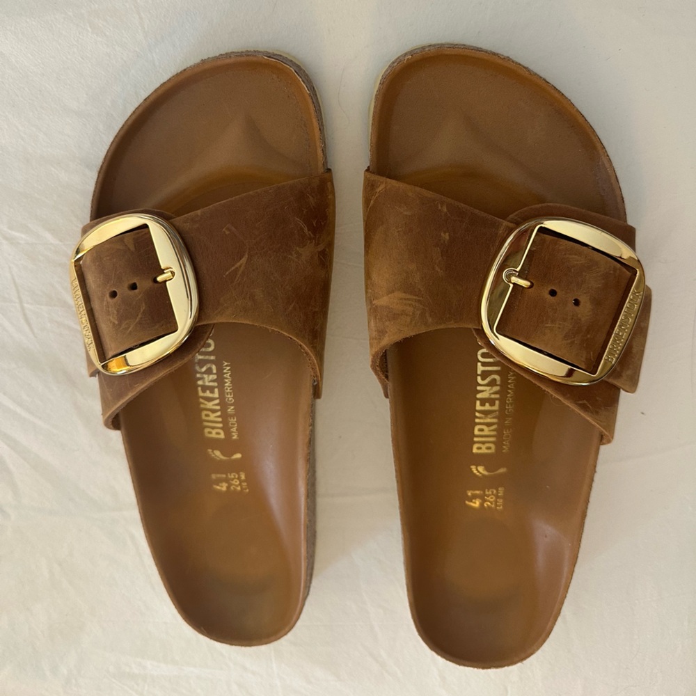 Birkenstock Madrid Big Buckle Sandals - oiled leather Cognac with Gold Buckle
